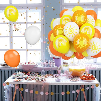 FEYG Sun Balloons, 12 inch Yellow Orange White Latex Balloons Boho Rainbow Sunrise Printed Latex Balloons Half Sun Sunshine Balloons for Sun Party Birthday Baby Shower Decoration Supplies