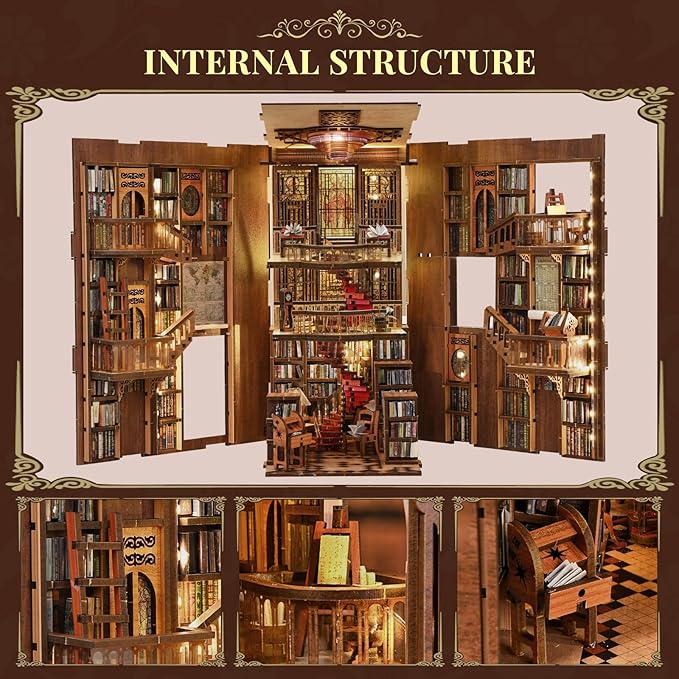 Book Nook Library Kit, DIY Miniature Dollhouse Booknook Kit, 3D Wooden Puzzle Bookend Bookshelf with LED Light for Adults Teens (Abbey Library)