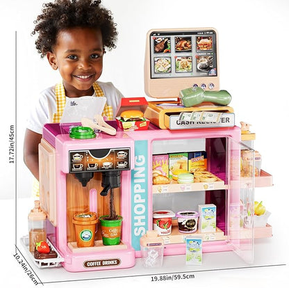 Toddler Toy Grocery Store, Supermarket Playset with Touch Voice Cash Register, Scanner, Coffee Maker, Play Food, Play Money, Pretend Play Toys for Toddlers Kids Birthday (Pink)
