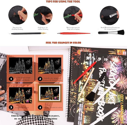Scratch Art Book for Adults - 12PCS Scratch Painting Foil Art for Adults Scratch City Series Books Foil Engraving Scratch Art Adult Set with 6 Tools