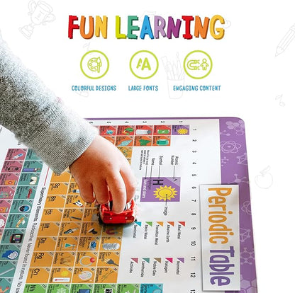 merka Periodic Table of Elements Placemat Set - 17 x 11 in, Multicolor, 4-Pack - Washable Silicone Learning Placemats for Kids Educational Dining & Kitchen Use - Includes US Map & President Info
