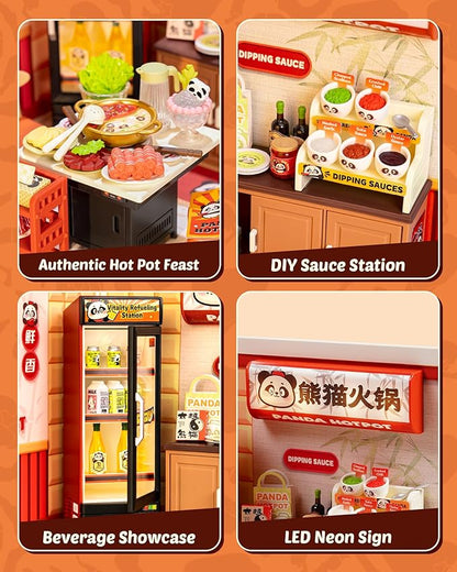 Rolife Super Creator Series, DIY Mini Panda Hot Pot Dollhouse House Kit, Bulid Scenary for Action Collectible Figures, Creative Gifts for Women Adults