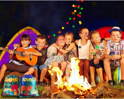 Zhanmai 140 Pcs Fall Camping Party Favors Gifts Silicone Bracelets Stickers Camping Keychain Badge Camouflage Pencils Spiral Camp Adventure Theme Notepads Happy Drawstring Bags Mini Flashlight for Kid