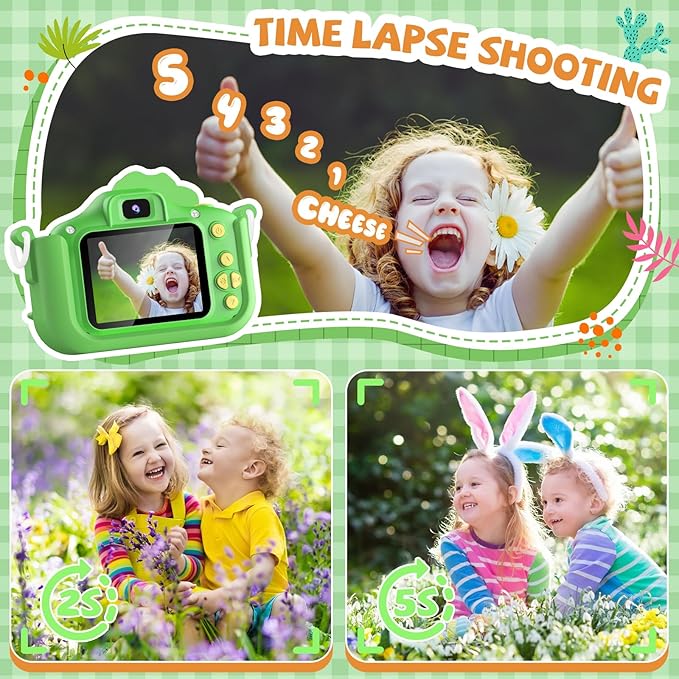 Upgraded 48MP Kids Camera for Girls Boys 3-12, Video Selfie Camera-Christmas Birthday Dinosaur Gift for Toddler, HD Digital Camera Toy for Child with 32GB SD Card & Silicone Cover (Green)