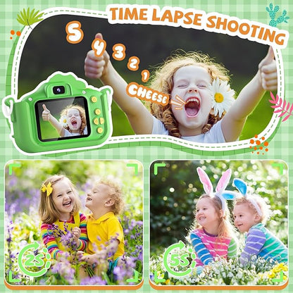 Upgraded 48MP Kids Camera for Girls Boys 3-12, Video Selfie Camera-Christmas Birthday Dinosaur Gift for Toddler, HD Digital Camera Toy for Child with 32GB SD Card & Silicone Cover (Green)