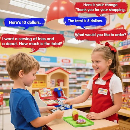 Wooden Cash Register for Kids with Real Calculator, Rechargeable Cash Register Toy with Scanner/Play Money/Food/Credit Card/Menu, Pretend Play Toys Gifts for Boys Girls Ages 3-8, Blue