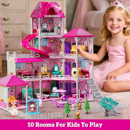 Villa Playset for Girls Ages 3-7, 4-Storey House with 10 Rooms, 2 Dolls, Furniture and Accessories, Indoor Playset Girls Toys for Ages 6-8, Pretend Toddler Toys, Birthday Gifts for Kids 4-8