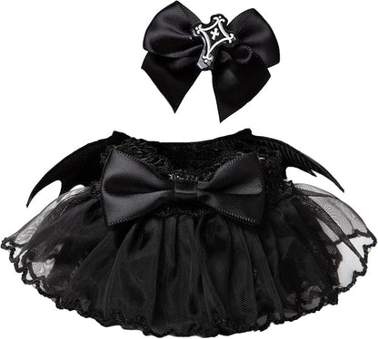 17cm Doll Clothes for Labubu Halloween - Kawaii Chic Style Set for 17cm Dolls, Cute Doll Outfit with Accessories - Black Halloween Dress with Bat + Black Corss Bow (Clothes Only)
