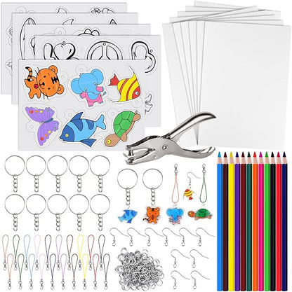 ASTARON 168Pcs Shrinking Plastic Sheets Kit Includes 15 Shrinking Film Art Paper, Hole Punch, 12 Colored Pencils and 140 Pcs Shrinkles Keychain Jewelry Making Accessories for Kids Craft Supplies