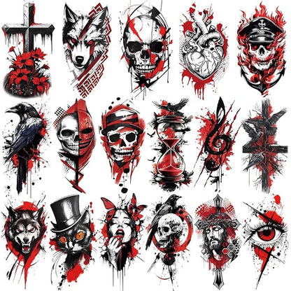 77 Sheets Temporary Tattoos for Adults and Kids, Cool Waterproof Fake Tattoos, Black and Red Trash Polka Half Arm Sleeve Small Tattoos