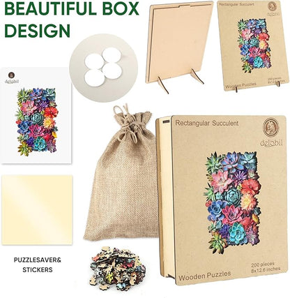 delobil Rectangular Succulent Wooden Puzzles, 200 Pieces Jigsaw Puzzles 12.6'' x8'', Unique Design Liberty Wooden Puzzles for Adults and Kids, Family Game Gift Royal Size