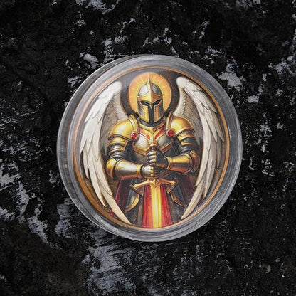 St Benedict Coin & Angel Warrior Metal Token Set - Christian Religious Medallion with Latin Prayer & Fantasy Archangel Design