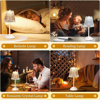 Cordless Touch Table Lamp, LED Rechargeable Small Dask Lamp, 3 Colors Dimmable Battery Operated Crysta Lamp for Bedroom Restaurant Kitchen Home Decor, White