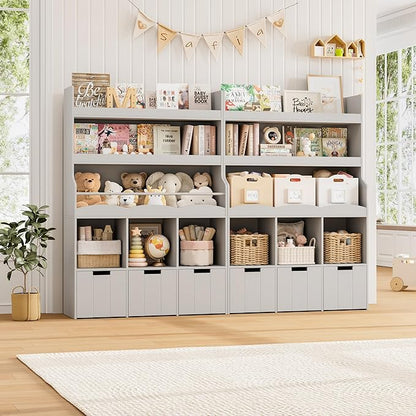HITHOS 55.3" H Kids Bookshelf with Toy Storage Organizer, Tall Book Shelf with 3 Movable Toy Storage Bins, Large Kids Bookcase with Toy Chest, 39.2" W Modern Toys Box for Kid Room, Playroom, Gray