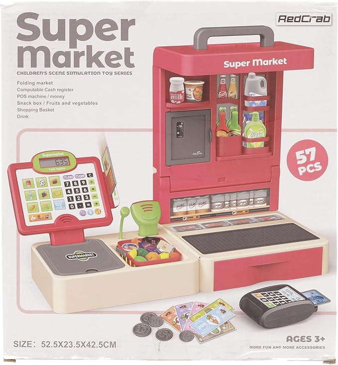 RedCrab Cash Register Toy for Kids,Toddler Store Pretend Plays Supermarket Calculator Cash Register Gift with Scanner, Play Money, Play Food for Boys & Girls