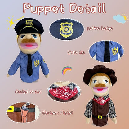 Hand Puppets Professional Characters, Police and Cowboy Role-Playing Storytelling Hand Puppet for Kids Age 4-8 Puppets with Movable Mouths and Control levers