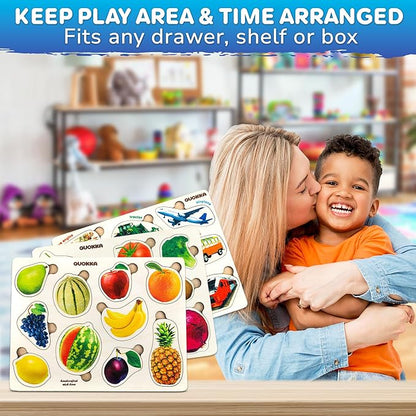 QUOKKA Wooden Puzzles for Toddlers 1-3 – 3xSET Kids Puzzles Ages 2-4 – Montessori Toy Puzzle for Toddlers 3-5 – Wood Toy Learning Realistic Fruits - Cars - Vegetables for Boy and Girl