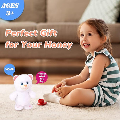 Hopearl Talking Kitty Singing Cat Repeats What You Say Walking Electric Interactive Animated Toy Speaking Plush Buddy Gifts for Toddlers, White, 8''