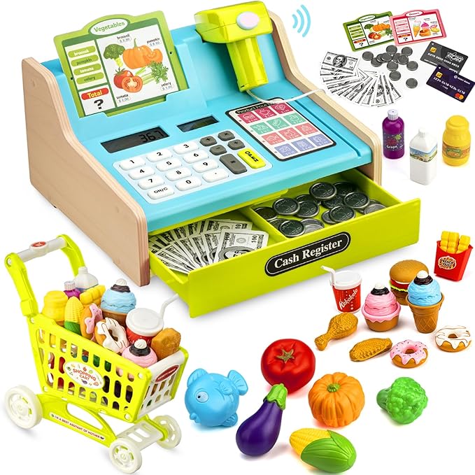 Wooden Cash Register for Kids with Shopping Cart Rechargeable Kid Cash Register with Scanner Gift for Kid Age 3 4 5 6 7 8 9 Year Old Pretend Play for Toddlers Toys for 3-12 Year Old Kids