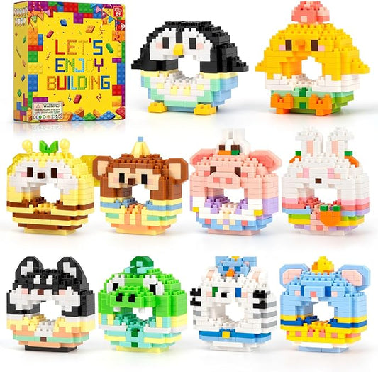 HIGH GODO Animal Party Favors Building Blocks, 10 Pack Mini Food Animals Building Set, Goodie Bag Stuffers, Classroom Small Prize Toys Gifts for Kids Boys Girls Age 8+