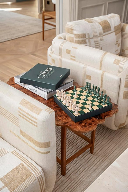 Printworks Classic Chess – Green Wooden Chess Set with Acrylic Board – Stylish Coffee Table Game for Adults & Kids Ages 5+ – Multilingual Instructions Included