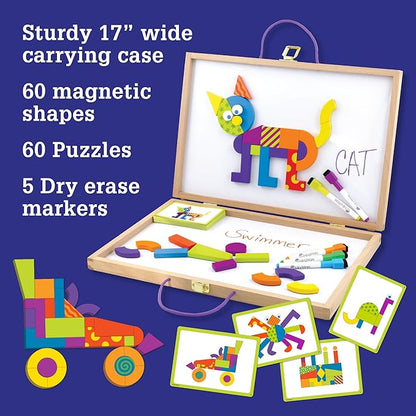 MindWare Imagination Patterns - Creative, Magnetic Play with Patterned Tangram Shapes - Includes 60 Magnetic Blocks, 60 Puzzle Cards, Dry Erase Markers & Wood Case - Deluxe