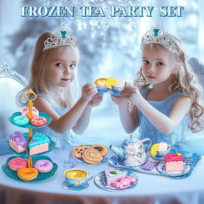 Frozen Tea Party Set for Little Girls, Princess Gift Toy, Kids Pretend Play Tin Tea Set with Teapot, Tea Cups, Food Playset & Carrying Case, Birthday for Girls Age 3+