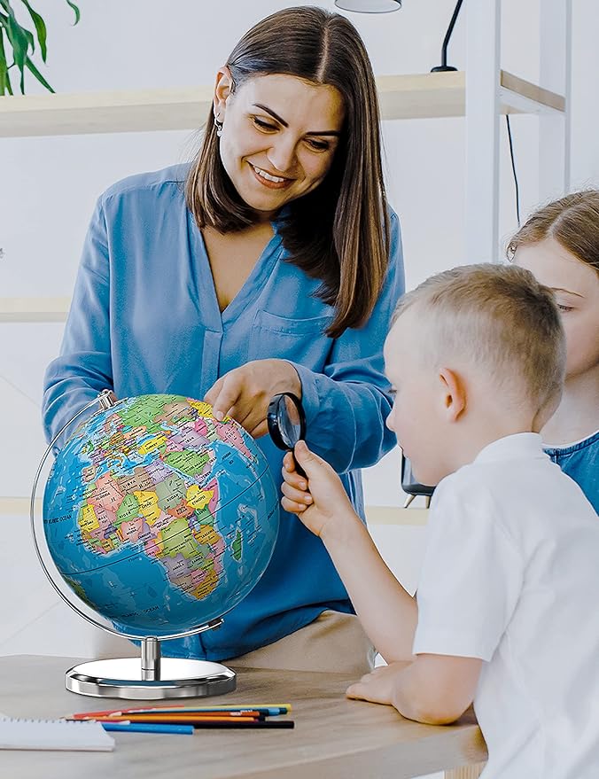 Illuminated World Globe with Stand, 9" Earth Globes with Stable Heavy Metal Base for Kids Classroom Learning, LED Constellation Globe Night Light with HD Printed Map