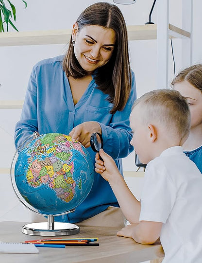 Illuminated World Globe with Stand, 9" Earth Globes with Stable Heavy Metal Base for Kids Classroom Learning, LED Constellation Globe Night Light with HD Printed Map