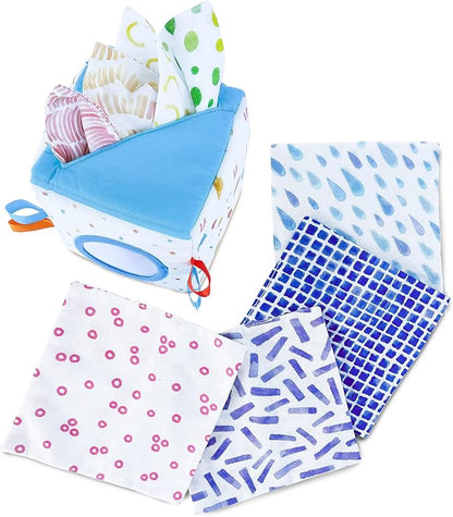 Quiggly Soft Fabric Tissue Box Toy for Babies- Montessori Sensory Development Toy for 6-12 Month Olds - 100% Cotton, Crinkle Tissues, Ribbon Details, Safety Mirror- Ideal for Infant Gross Motor Skills