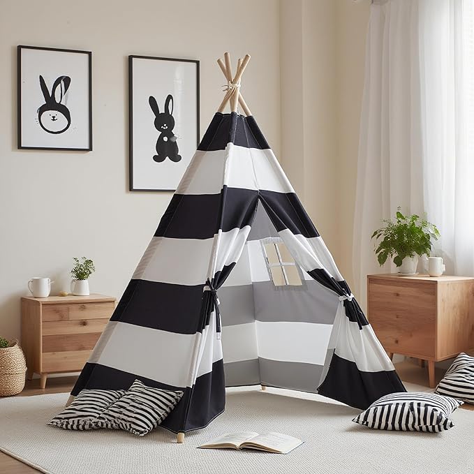 Teepee Tent for Kids with Lights, and Carry Bag, Washable Playhouse for Indoor Use, Ideal Play Tent for Girls and Boys, Stripe Black