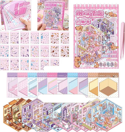 3D Sticker Scene Book,Sticker Therapy for Adults,Include 10 Beautiful House Isometric 3D Space DIY Scene Stickers Book,Cute Art Stickers for Girls