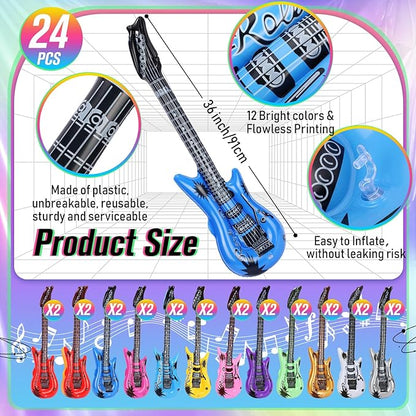 48 Pcs Colorful Inflatable Instruments Rock Star Toy Set Including 24 Plastic Microphones, 24 Guitars and 1 Inflator for Musical Concert Themed Party Decoration