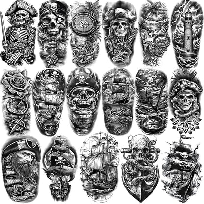 77 Sheets Temporary Tattoo, 17 Sheets Half Arm Pirate Captain Skull Compass Fake Tattoos for Women Men, 60 Sheets Pirate Anchor Sword Flag Realistic Tiny for Adult Kids Body Tattoos Stickers