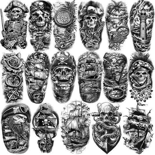 77 Sheets Temporary Tattoo, 17 Sheets Half Arm Pirate Captain Skull Compass Fake Tattoos for Women Men, 60 Sheets Pirate Anchor Sword Flag Realistic Tiny for Adult Kids Body Tattoos Stickers