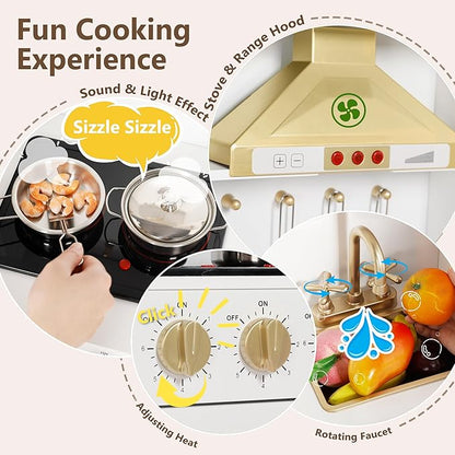 Kinder King Wooden Kids Play Kitchen, Toy Kitchen Playset for Toddler, Play Kitchen Set w/Real Sounds, Pretend Coffee Machine, Kitchen Hood, Sink, Ice Maker, Gift for Boys Girls Age 3+, White