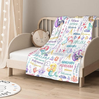 Personalized Baby Blanket for Girls Boys Kids Mermaid Custom Baby Blanket with Name Throw Birthday Gift for Toddlers Infants Shower Newborns Nursery Stroller Crib Bed Decor