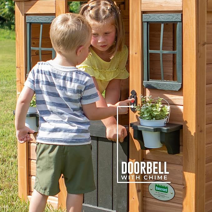 Backyard Discovery Sweetwater Cedar Wooden Kids Playhouse Cottage with Play Kitchen, Snack Bar, Half Door, Toy Phone, Windows, Flowerpot Holders, and Working Doorbell for Outdoor Imaginative Play