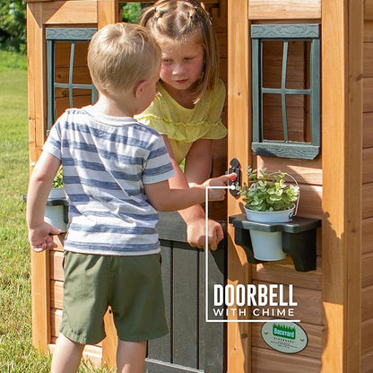 Backyard Discovery Sweetwater Cedar Wooden Kids Playhouse Cottage with Play Kitchen, Snack Bar, Half Door, Toy Phone, Windows, Flowerpot Holders, and Working Doorbell for Outdoor Imaginative Play