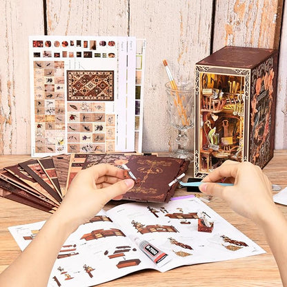 Book Nook Kit, DIY Miniature Dollhouse Booknook Kit, 3D Wooden Puzzle Bookend Bookshelf Insert Decor with LED Light for Teens and Adults, Painter's Day at Dusk