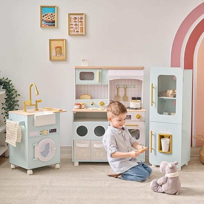 Teamson Kids Little Chef Savannah Wooden Montessori Pretend Play Kitchen for Toddlers Kids Ages 3+ Modular Three-Piece Set with Sink Cart Stove & Fridge for Boys and Girls Playset, Green