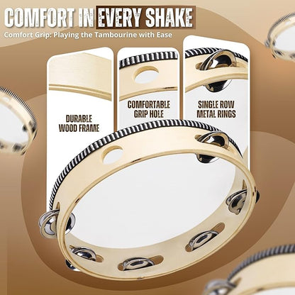 Flexzion Wooden Round Tambourine for Kids and Adults 10" Inch Single Row 8 Pair Jingles, Wood Handheld Percussion Instrument for Beginner and Professional Tambourine Player