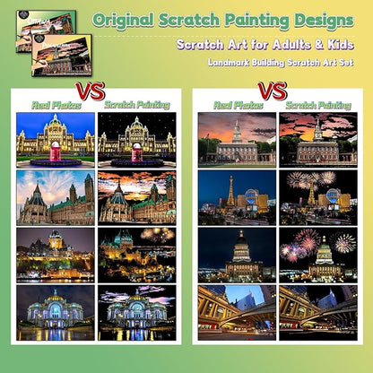 Scratch Art Painting Kit for Adults-8 Sheets A4 Rainbow Scratch Painting Paper Craft Set with City Landmarks|Stress Relief Gift for Travel&Craft Lovers|Scratch Art Home Decor(American Series)
