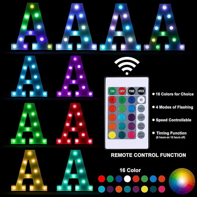 Foaky Colorful LED Letter Lights with Remote,Marquee Light Up Letters Sign for Night Light Wedding/Birthday Party Battery Powered Christmas Lamp Home Bar Decoration(M)