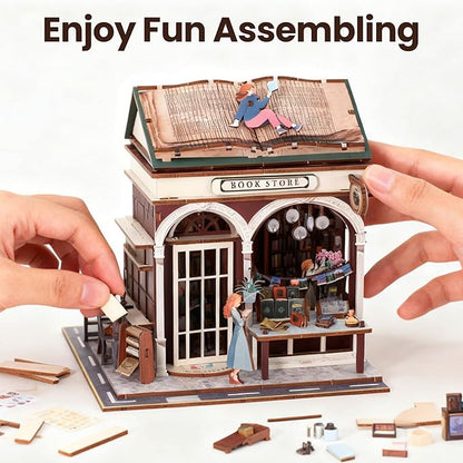 Book Nook Kit - DIY Miniature House Kit for Adults, Dollhouse Booknook Tiny House Bookshelf Decor 3D Wooden Puzzle Street Model, Ideal Gift for Book Lovers, Family, Friends (Book Store)