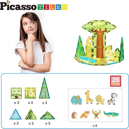 PicassoTiles Magnet Tile Building Blocks Safari Themed Playset with 8 Animal Character Action Figures Magnetic Tiles STEM Learning Imaginative Play Toy Construction Set Preschool Toddler Ages 3+ PTQ22