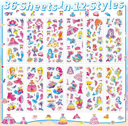 36 Sheets Mermaid Stickers for Kids - 900+ 3D Puffy Stickers Ocean Theme | Sea Animals, Shells, Mermaids | Reusable, Waterproof | Crafts, Scrapbooking, Gifts