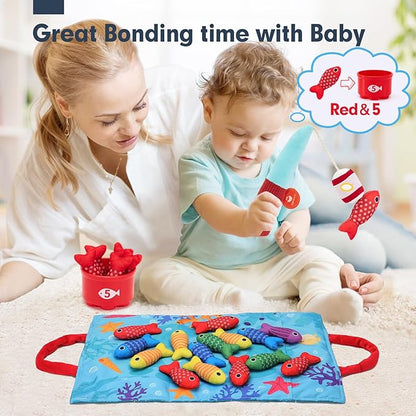 hahaland Toddler Toys Montessori Toys for 1 Year Old Boy Girl Birthday Gift - 10 in 1 Cloth Fishing Game for Toddler 1-3 with Stacking Cups - Number Counting, Color Sorting Learning