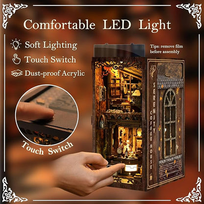 DIY Book Nook Kit Wooden Bookshelf Miniature Serenity Coffee House Kit 3D Wooden Puzzles Bookends Miniature House Kit Book Nook Bookshelf Insert Decor with LED Lights Wood Crafts for Adults