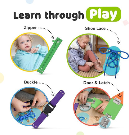 Montessori Busy Board for Toddlers, Premium Wooden Toddler Busy Board for 1 2 3 Year Old with 10 Educational Activities for Fine Motor Skills, Sensory Activity Toy for Travel, Gift for Boys & Girls